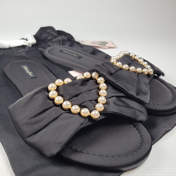 NWT Victoria's Secret Embellished Satin Bow Slide Pearl-Heart Slippers M 8-8.5 - Picture 5 of 10